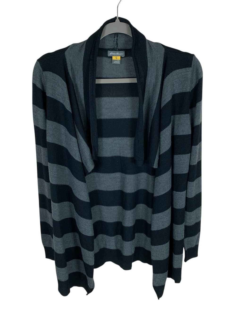 Women's Eddie Bauer Black Gray Striped Wool Blend Long Sleeve Open Cardigan S